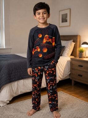 Boys Black and Orange Gamer Pajama Set - Long Sleeve Top & Pants